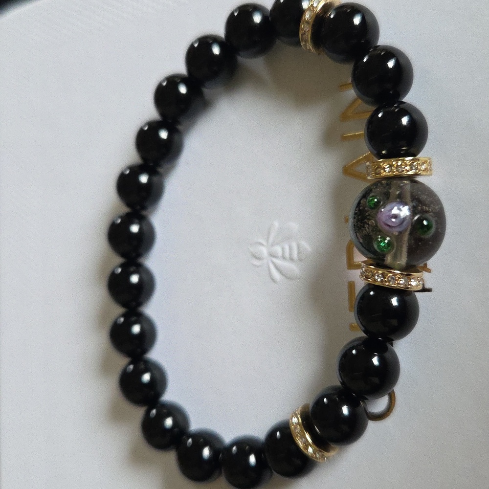 Elegant Black Onyx And Lamp Work Beaded Bracelet with Gold Accents